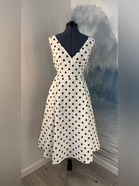 Polka Dot V-Neck Midi Dress in White and Black #399